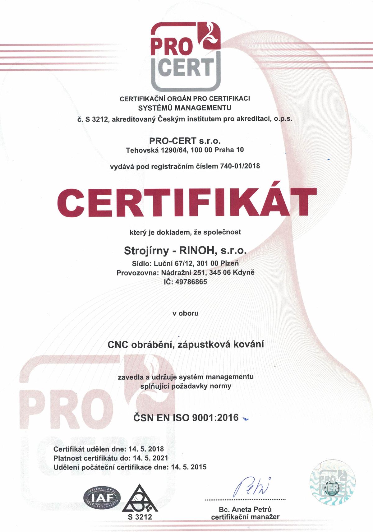 Certifikát ČSN EN ISO 9001:2016 — CNC obrábění, zápustková kování (česky)